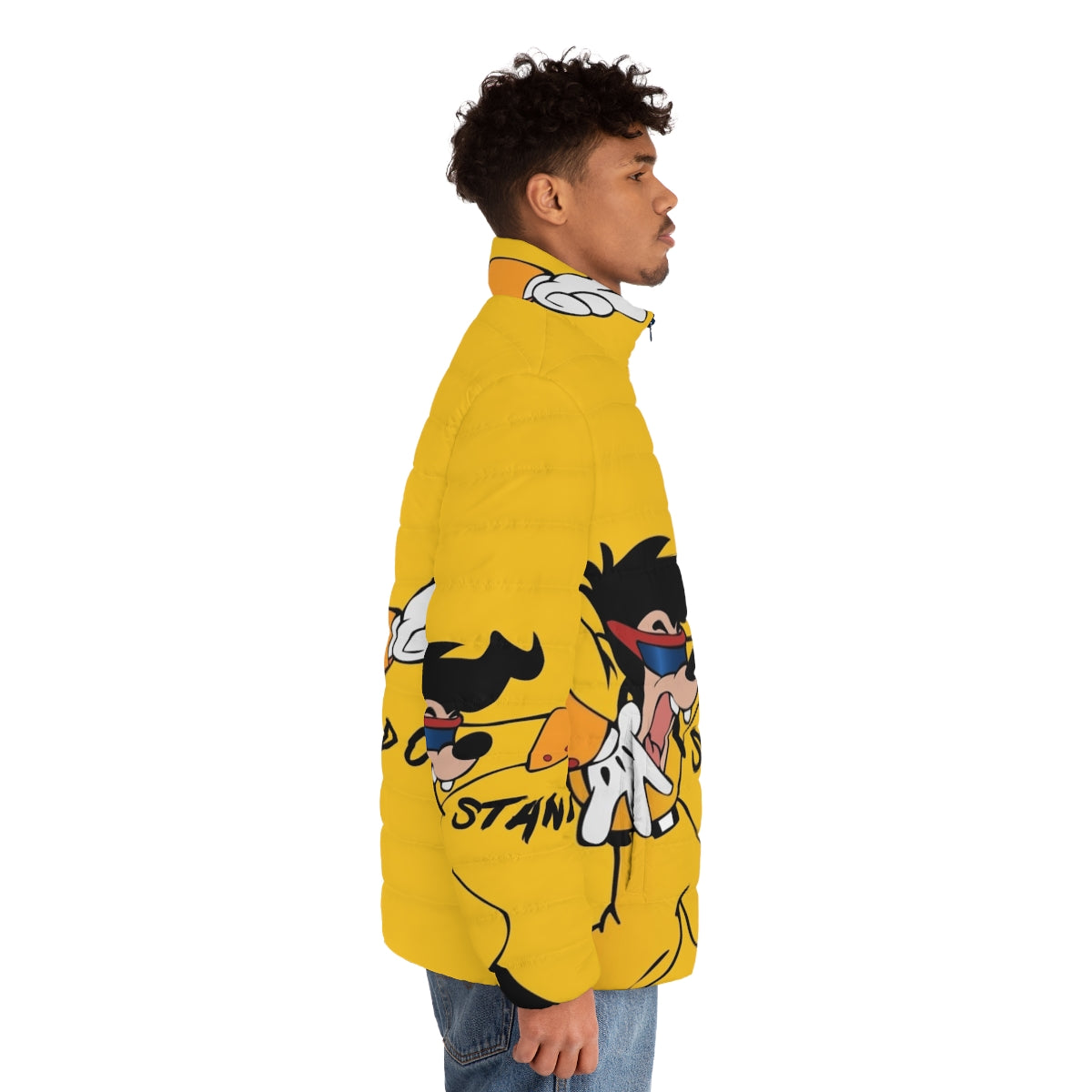 Vibrant and eye-catching "Stand Out" puffer jacket inspired by 90s cartoons and movies - men side right