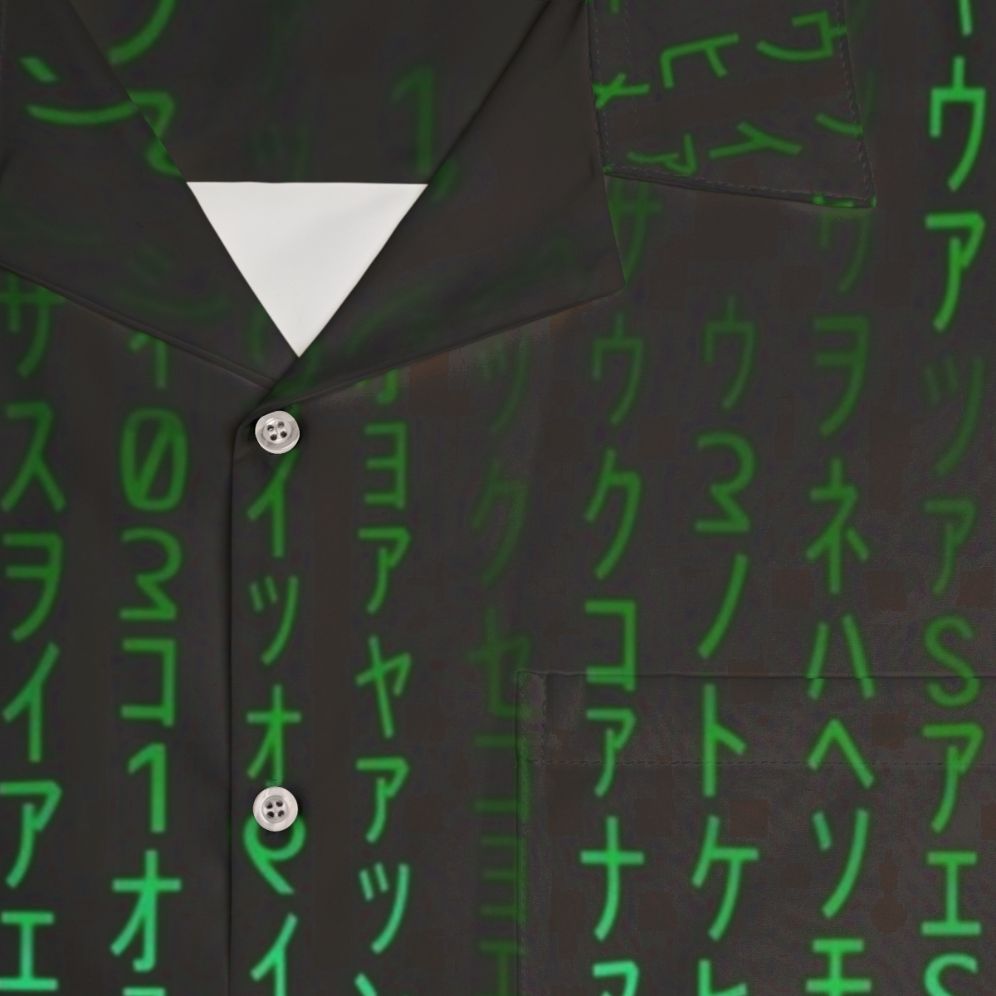 The Matrix "Free Your Mind" Hawaiian button-up shirt with digital rain pattern - Detail