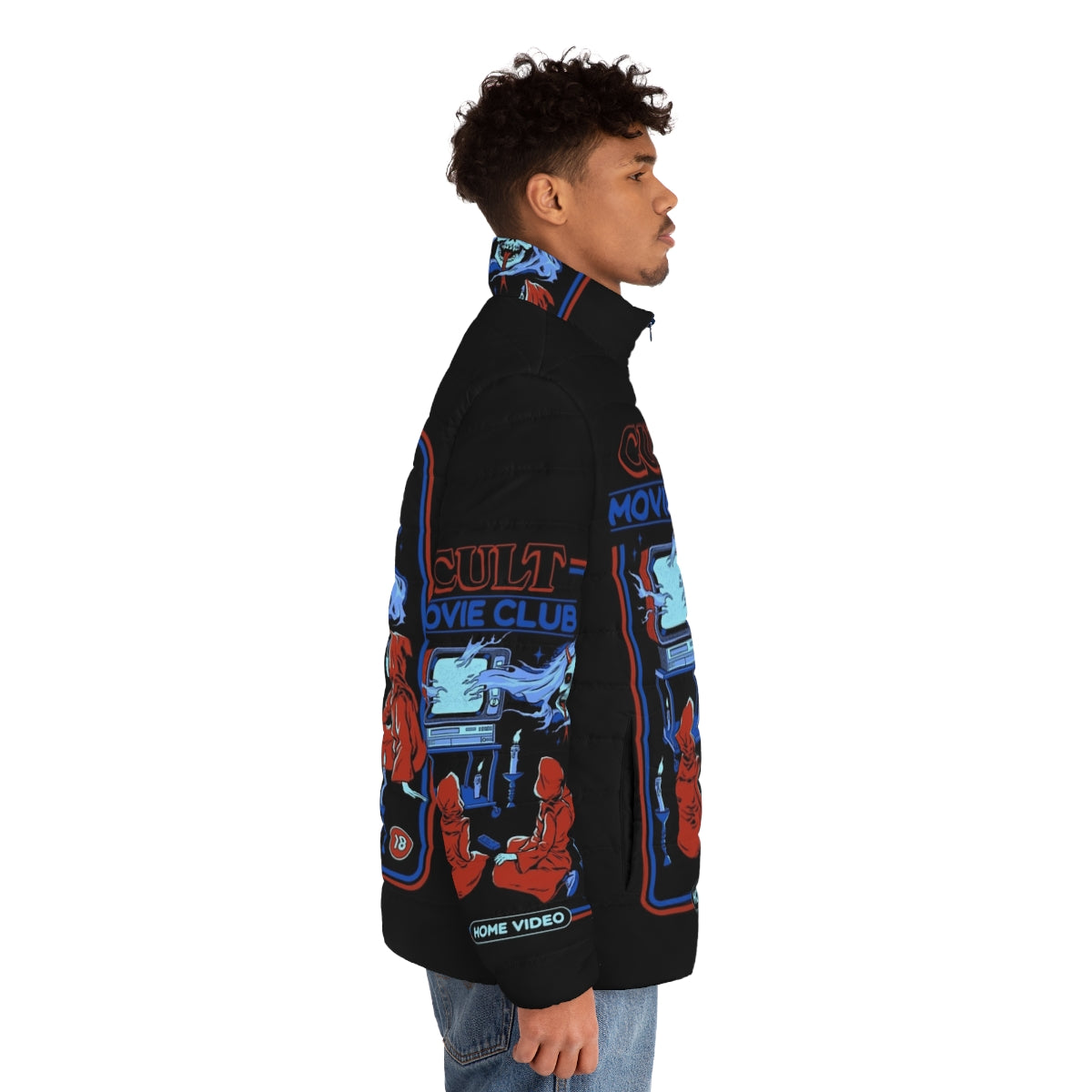 Cult Movie Club Vintage Puffer Jacket featuring retro horror film graphics - men side right