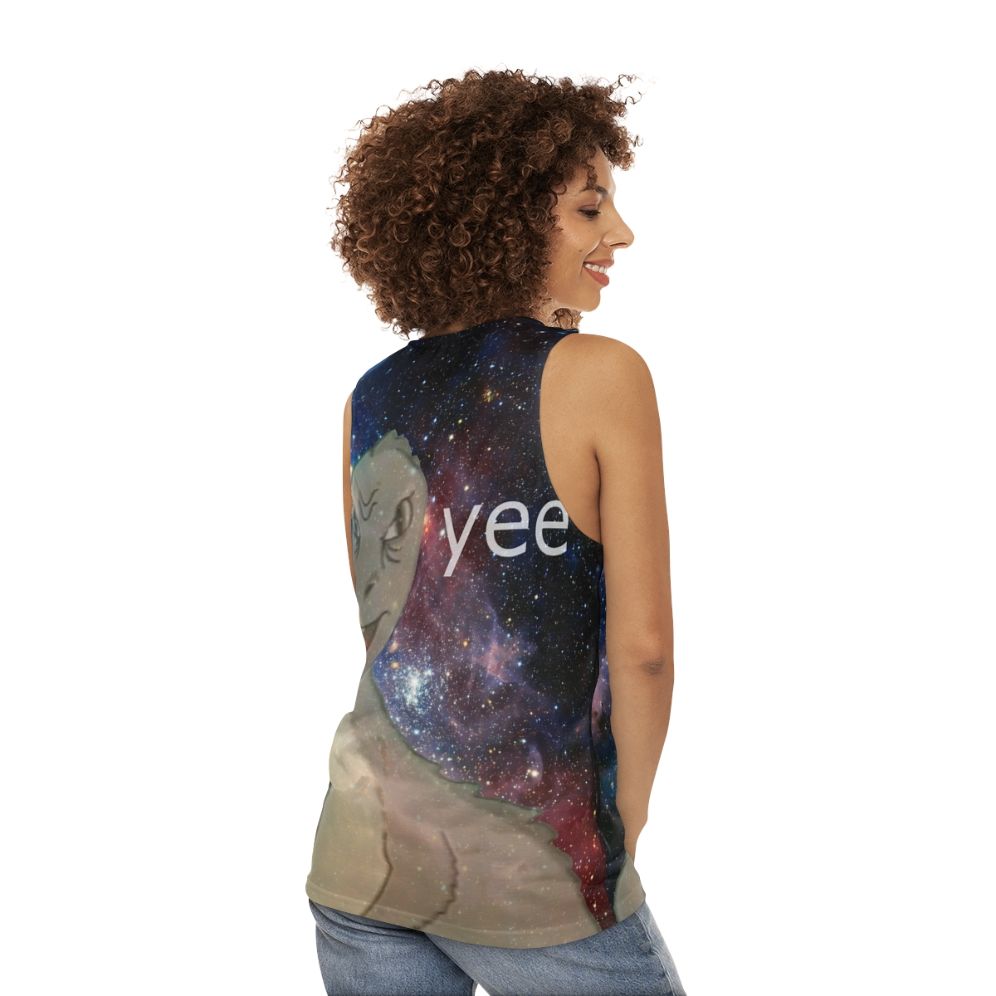 Cosmic Yee Unisex Tank Top with Dinosaur Meme Design - women back