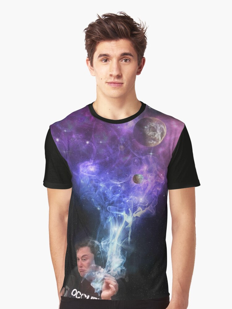 Elon Musk smoking a joint with the universe in the background on a graphic t-shirt - Men