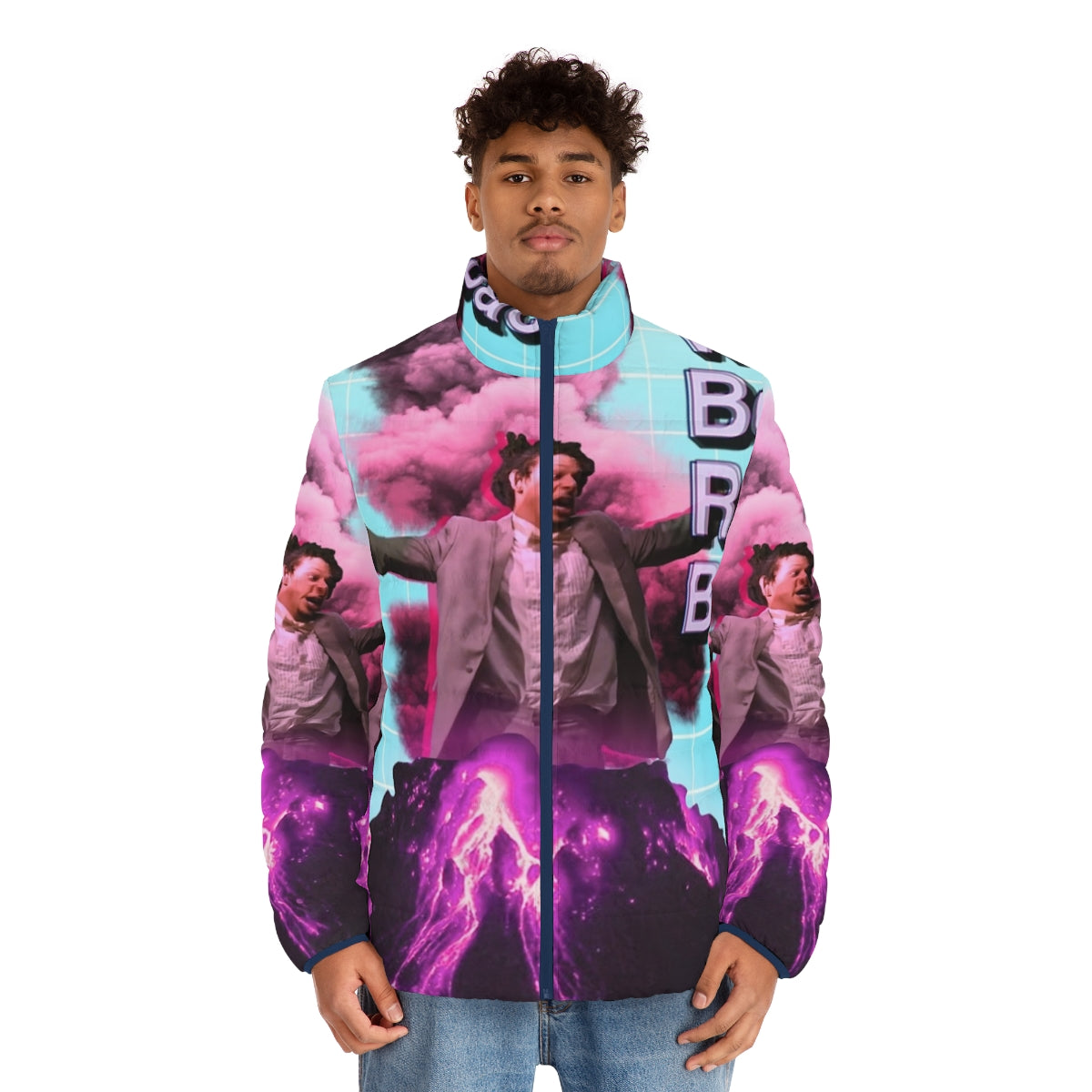 Eric Andre inspired aesthetic puffer jacket with retro vaporwave design - men front