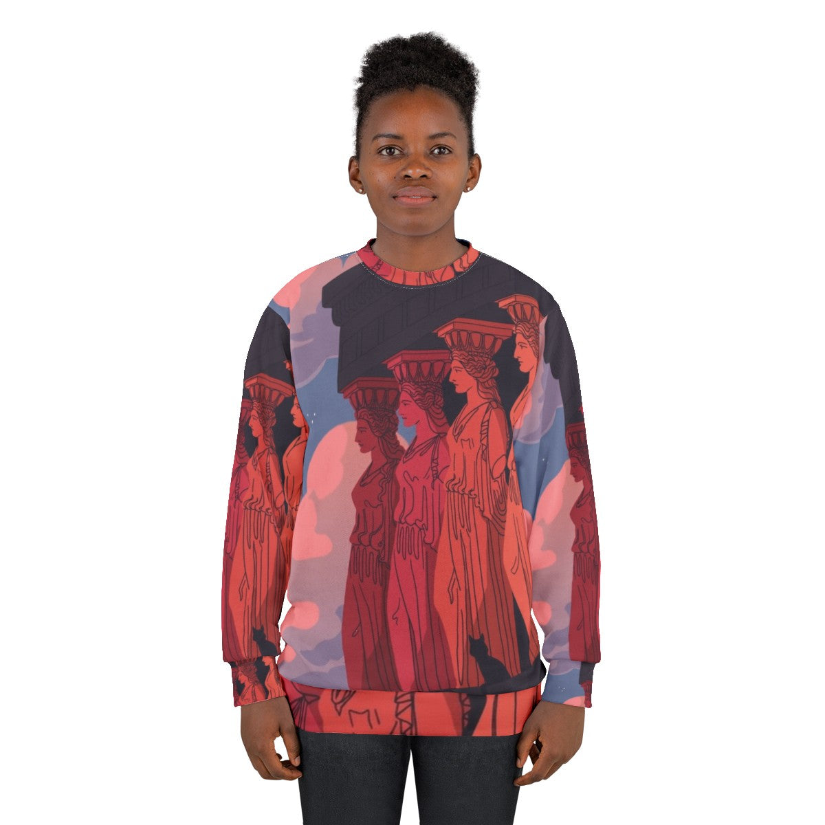 Caryatids At Dusk Sweatshirt depicting ancient Greek archaeological ruins - women