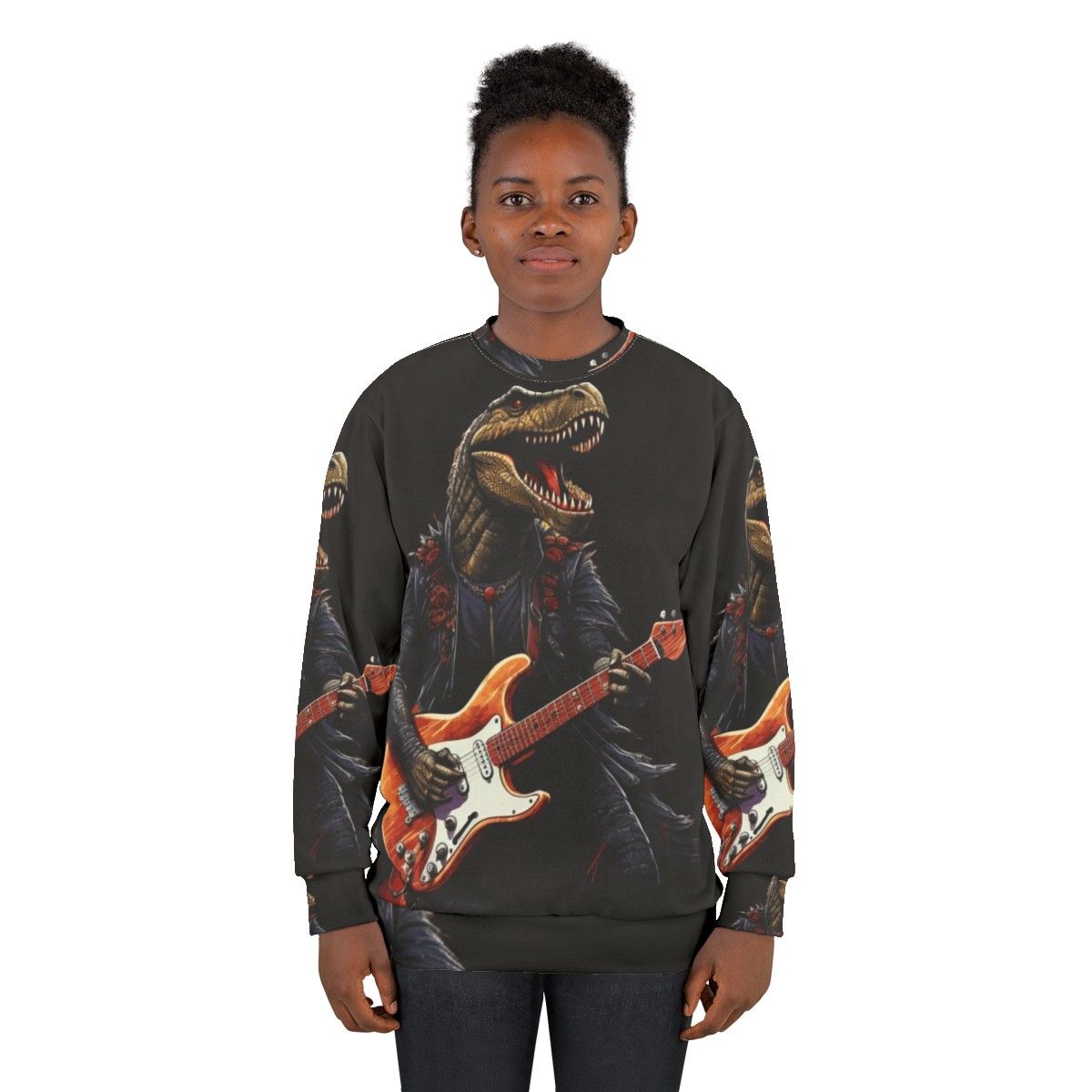 Dinosaur playing guitar illustration on a sweatshirt - women