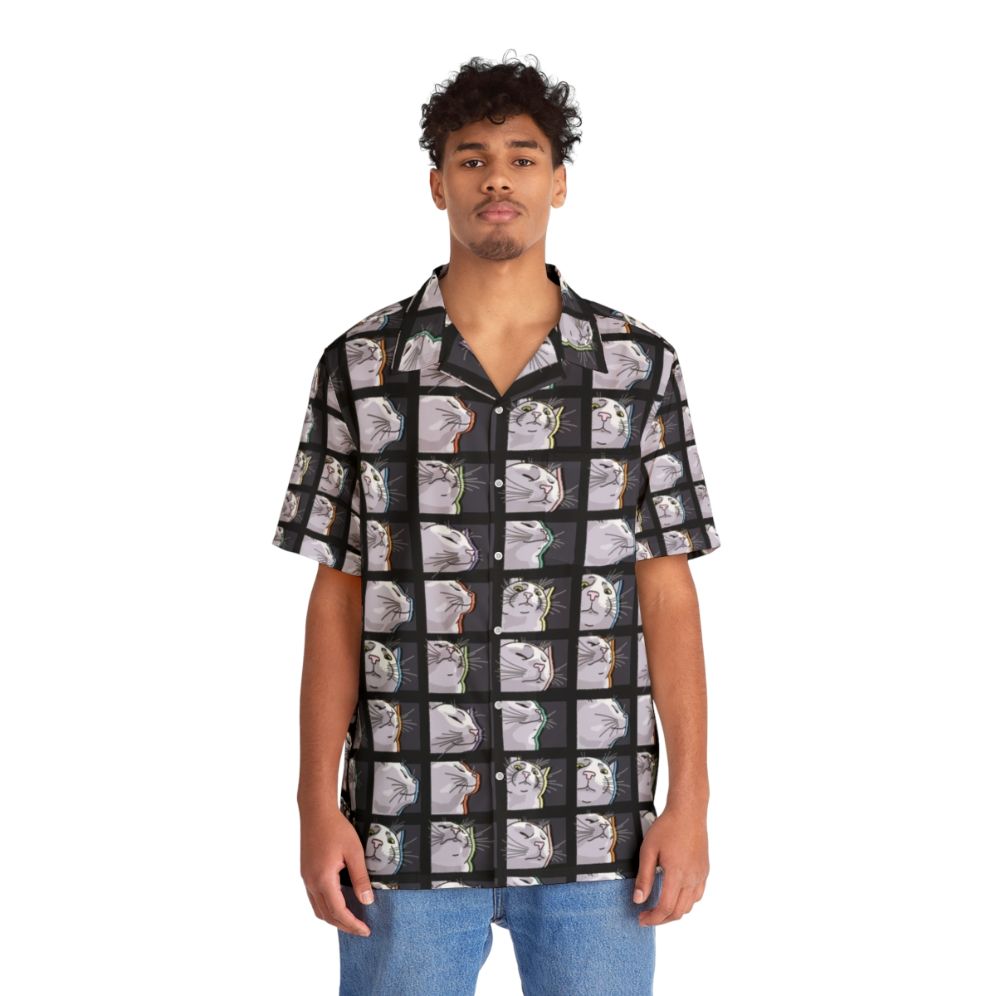 Vibrant Hawaiian shirt with a cat vibing to music meme design - People Front