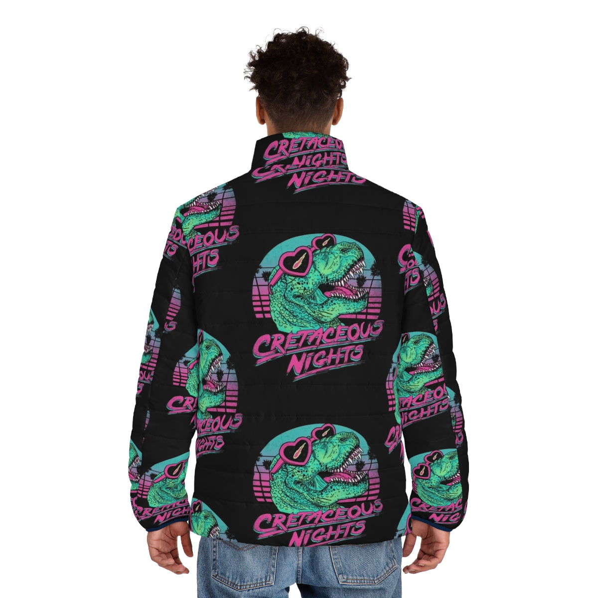 Cretaceous Puffer Jacket featuring a tyrannosaurus design in retro 80s style - men back