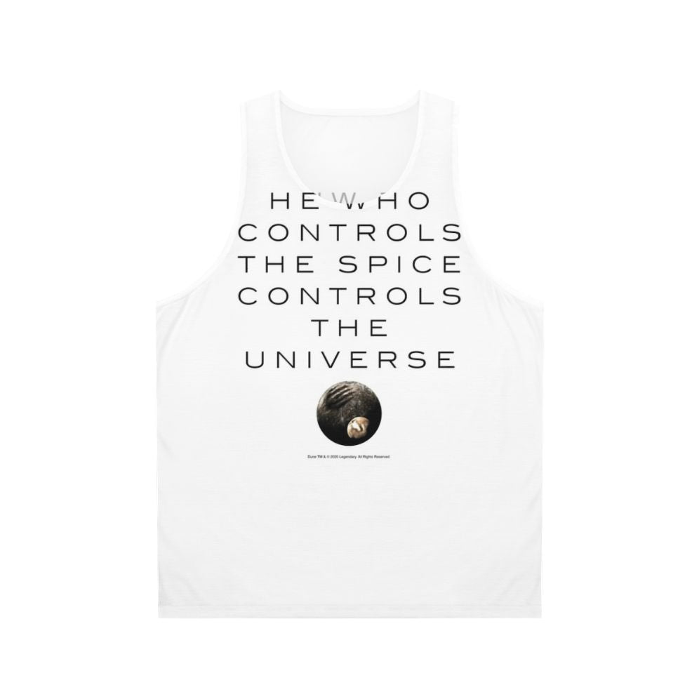 Dune inspired unisex tank top with "He Who Controls The Universe" design