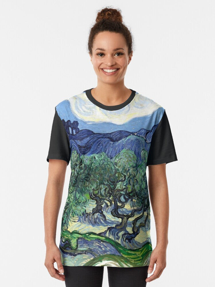 "Vincent Van Gogh's Masterpiece 'Olive Trees with the Alpilles in the Background' Printed on a Graphic T-Shirt" - Women