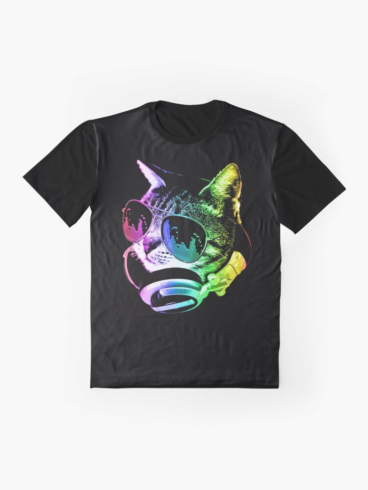 Multicolored rainbow cat wearing headphones and glasses, listening to music - Flat lay