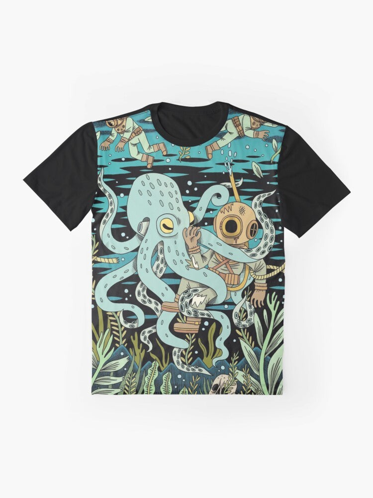 A vintage-inspired graphic t-shirt featuring a diver exploring the deep sea, surrounded by ocean life and underwater adventure. - Flat lay