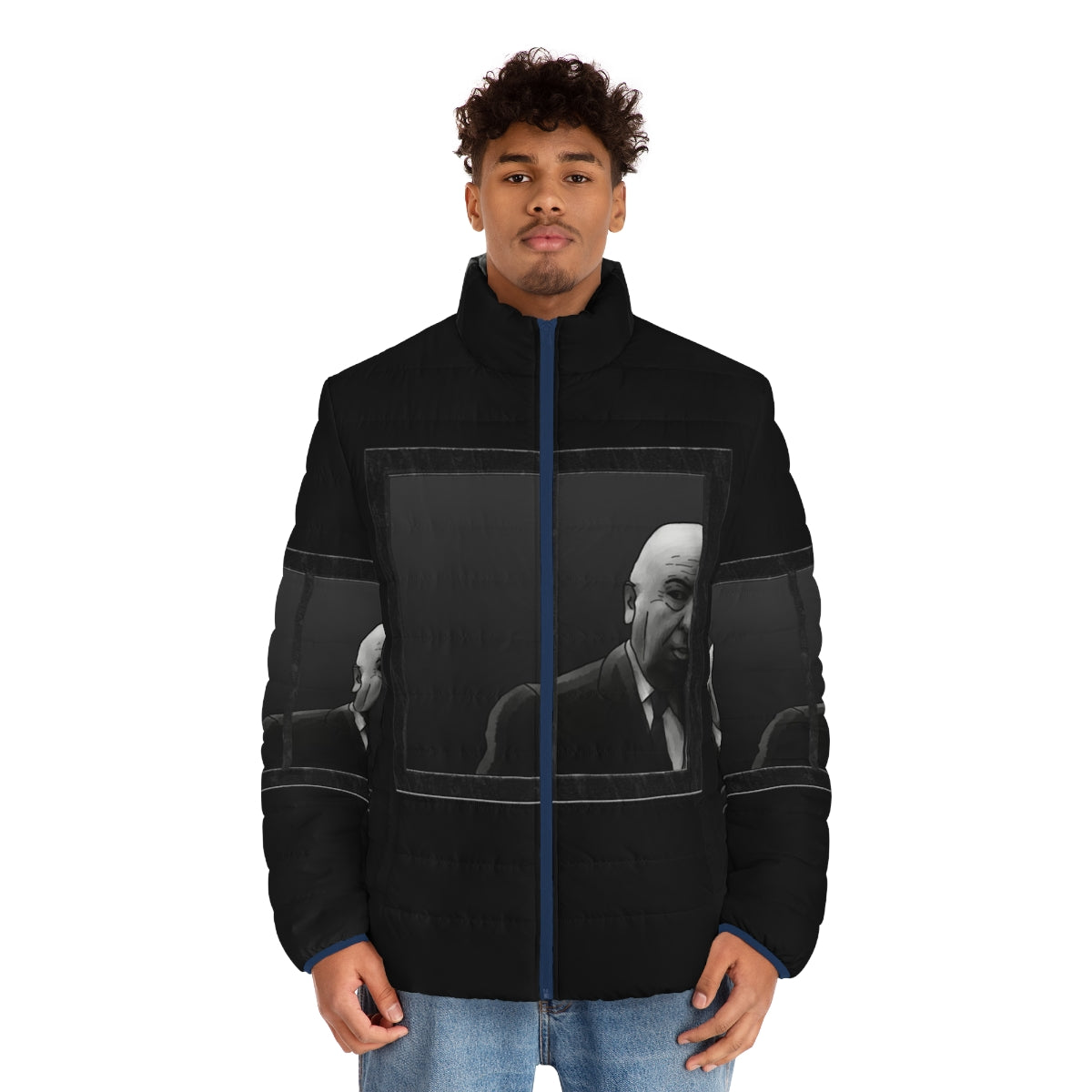 Alfred Hitchcock inspired puffer jacket featuring a graphic black and white design - men front