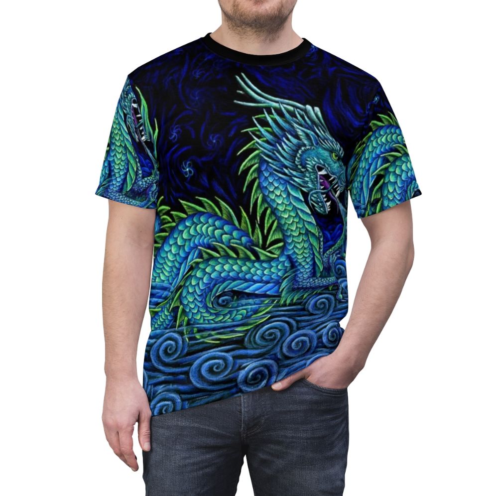 Vibrant and psychedelic t-shirt design featuring a majestic Chinese azure dragon in shades of blue, teal, and aqua against a backdrop of mist and the night sky. - men front