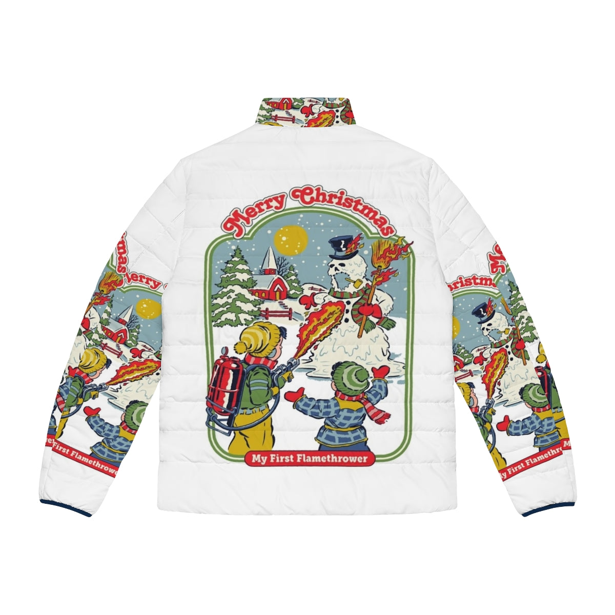 Retro funny flamethrower puffer jacket with winter, holiday, and nostalgic design - Back