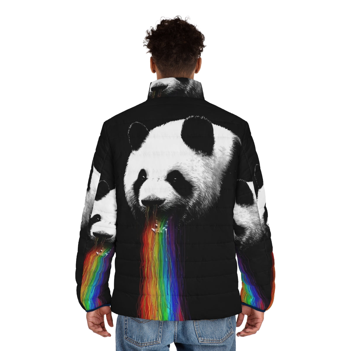 Colorful puffer jacket with panda graphic design - men back