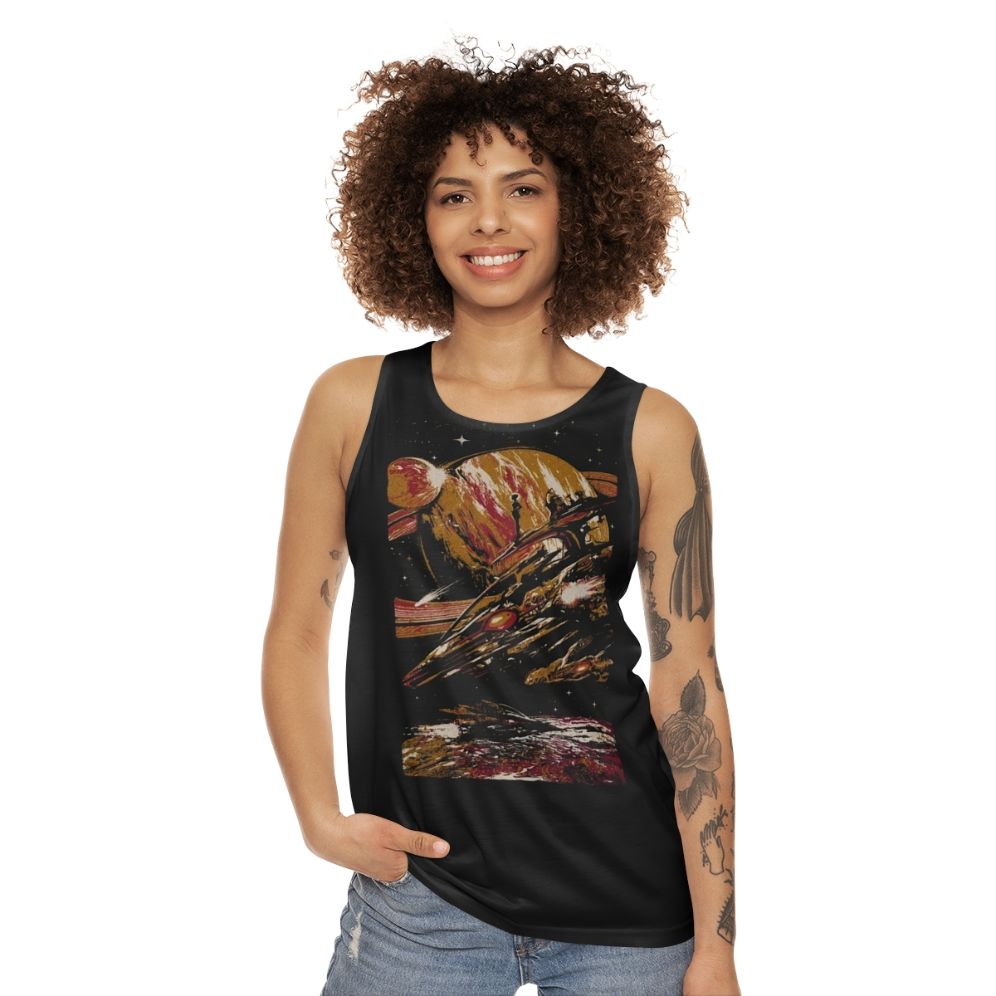 Futuristic sci-fi unisex tank top with space-themed graphics - women