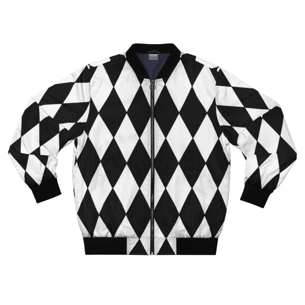 Black and white bomber jacket with a harlequin diamond pattern design