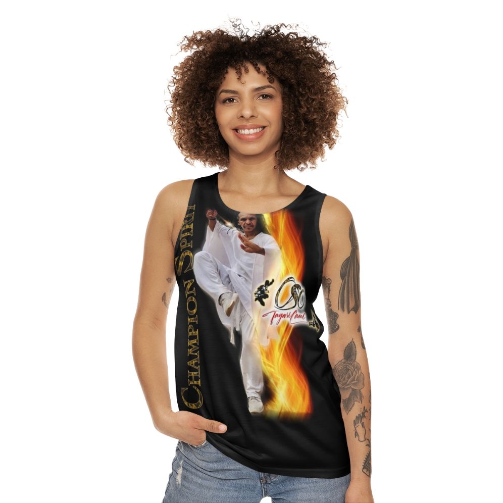 Unisex martial arts tank top with peaceful warrior spirit design - women