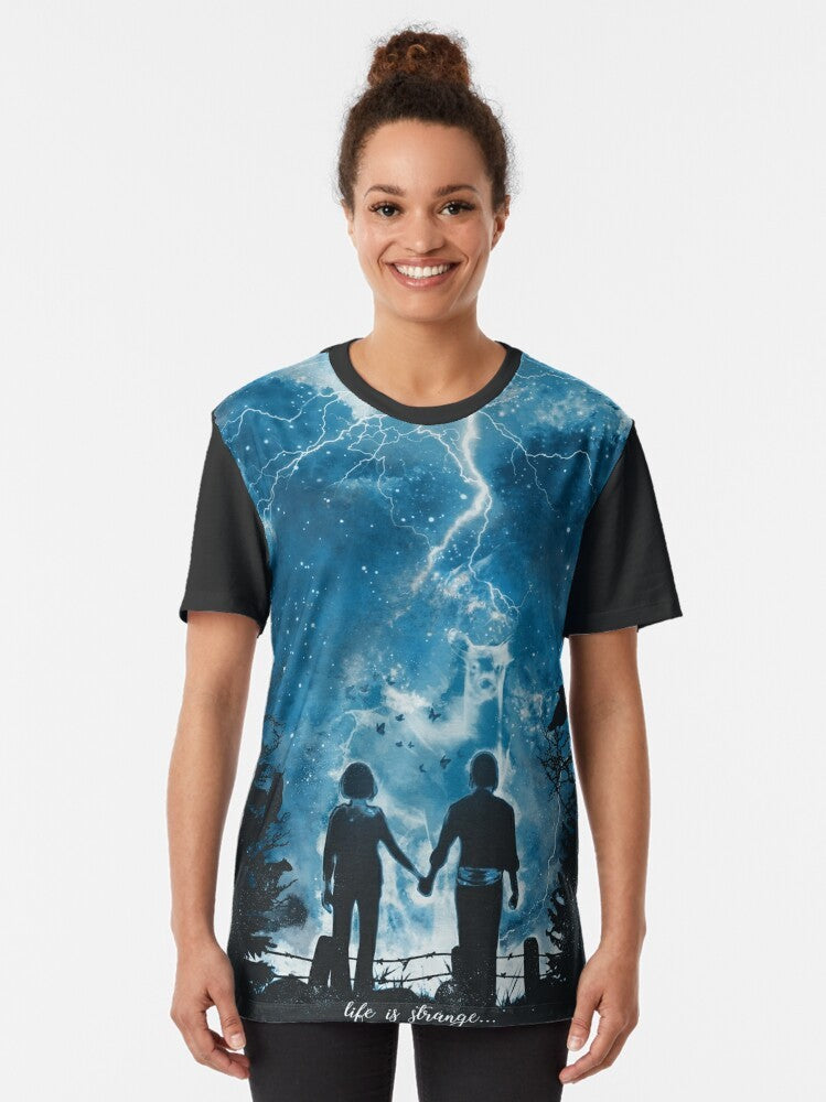 Graphic t-shirt design featuring the "The Storm of Life" text and imagery inspired by the Life Is Strange video game, including a tornado, deer, and butterfly. - Women