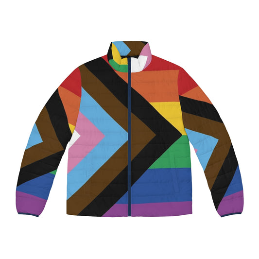 A vibrant puffer jacket featuring the Progress Pride Flag design, celebrating LGBTQ+ identity and inclusivity.