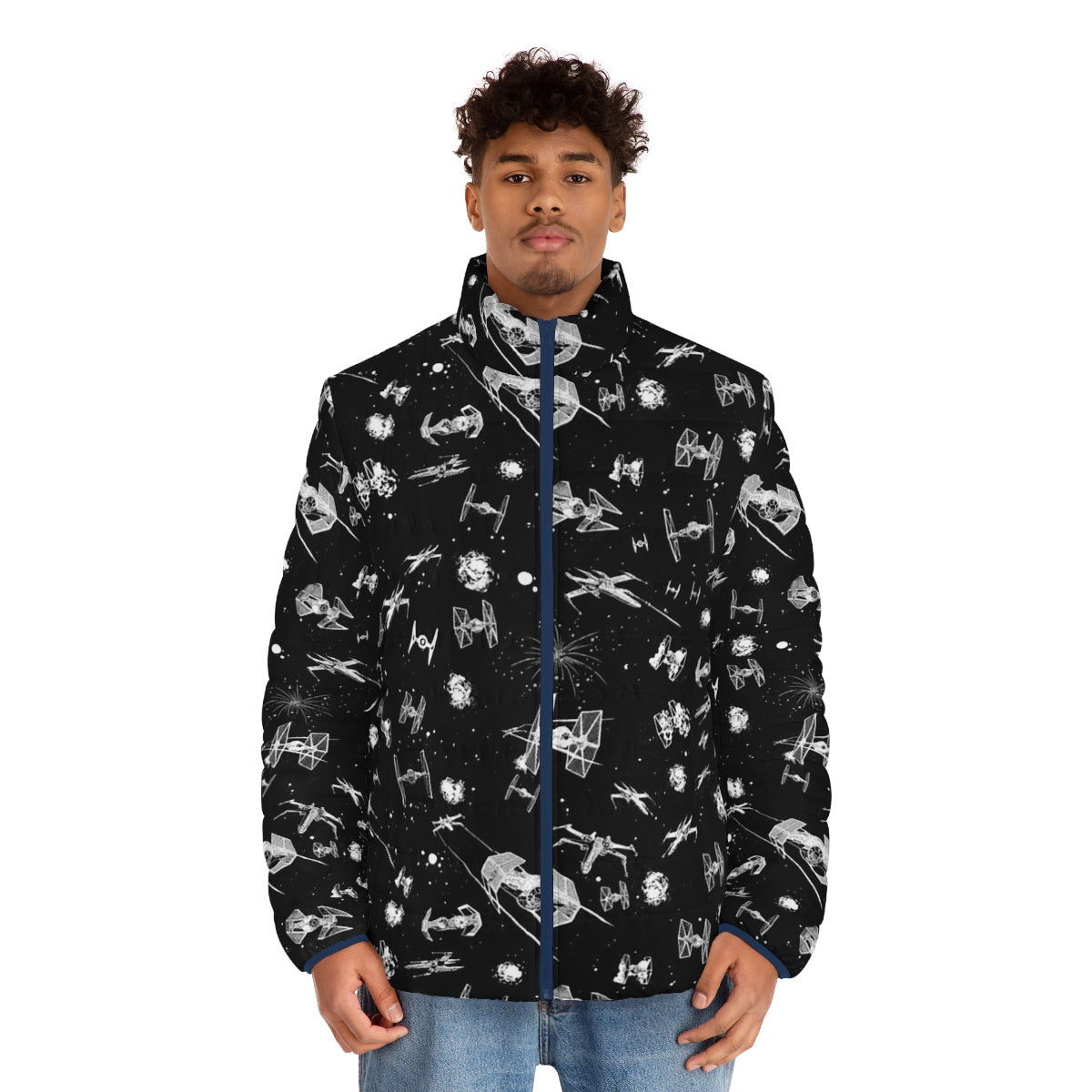 Intergalactic space battle puffer jacket with spaceship and star pattern - men front