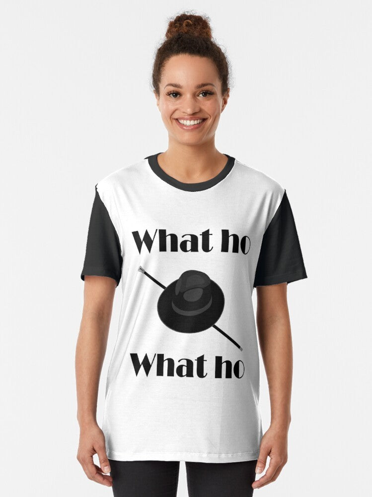 Jeeves and Wooster "What Ho!" graphic t-shirt featuring the iconic characters from P.G. Wodehouse's classic British comedy series. - Women