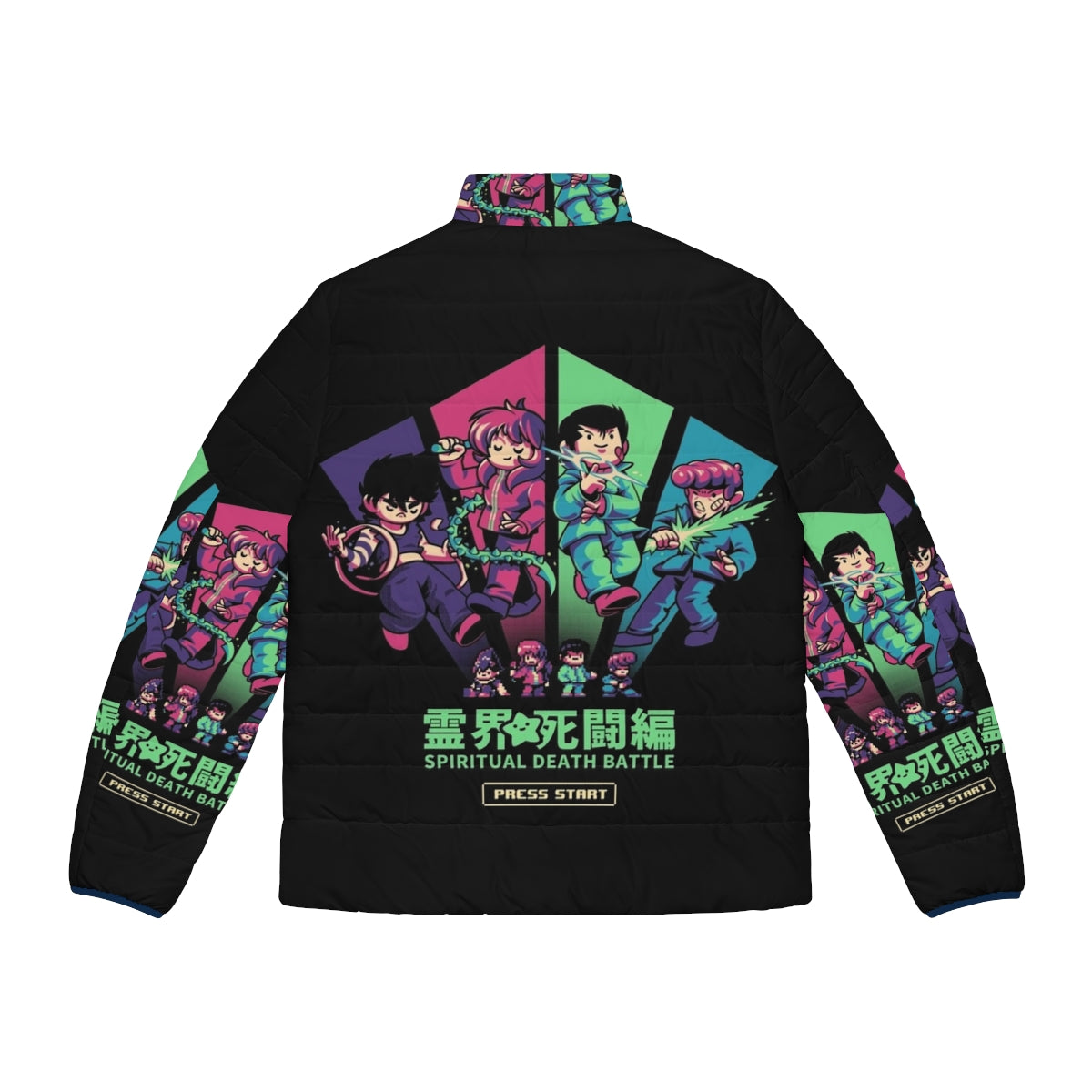 Spiritual Battle Puffer Jacket with anime-inspired 90s pixelart design - Back