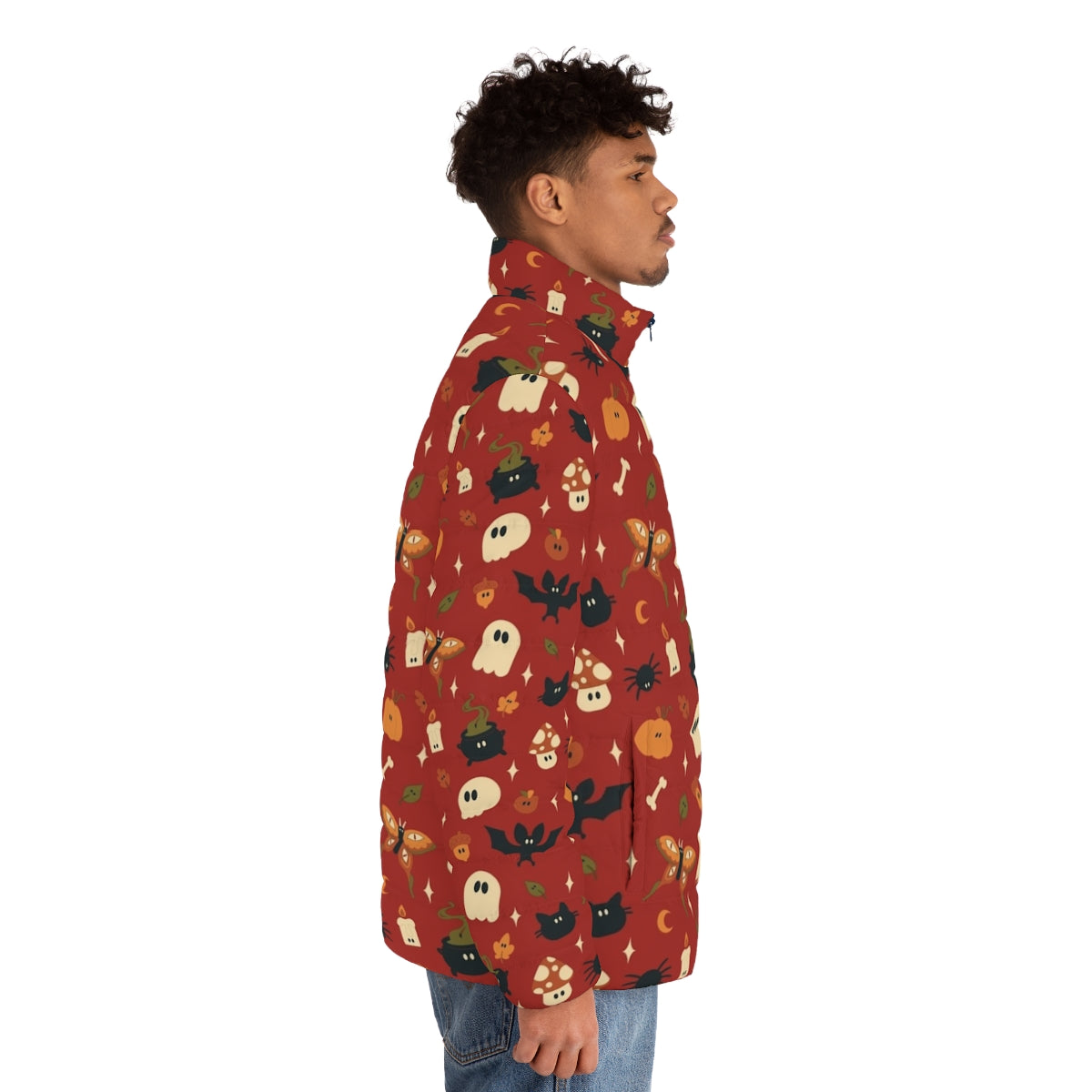 Spooky fall puffer jacket with pumpkin, mushroom, and spider designs - men side right