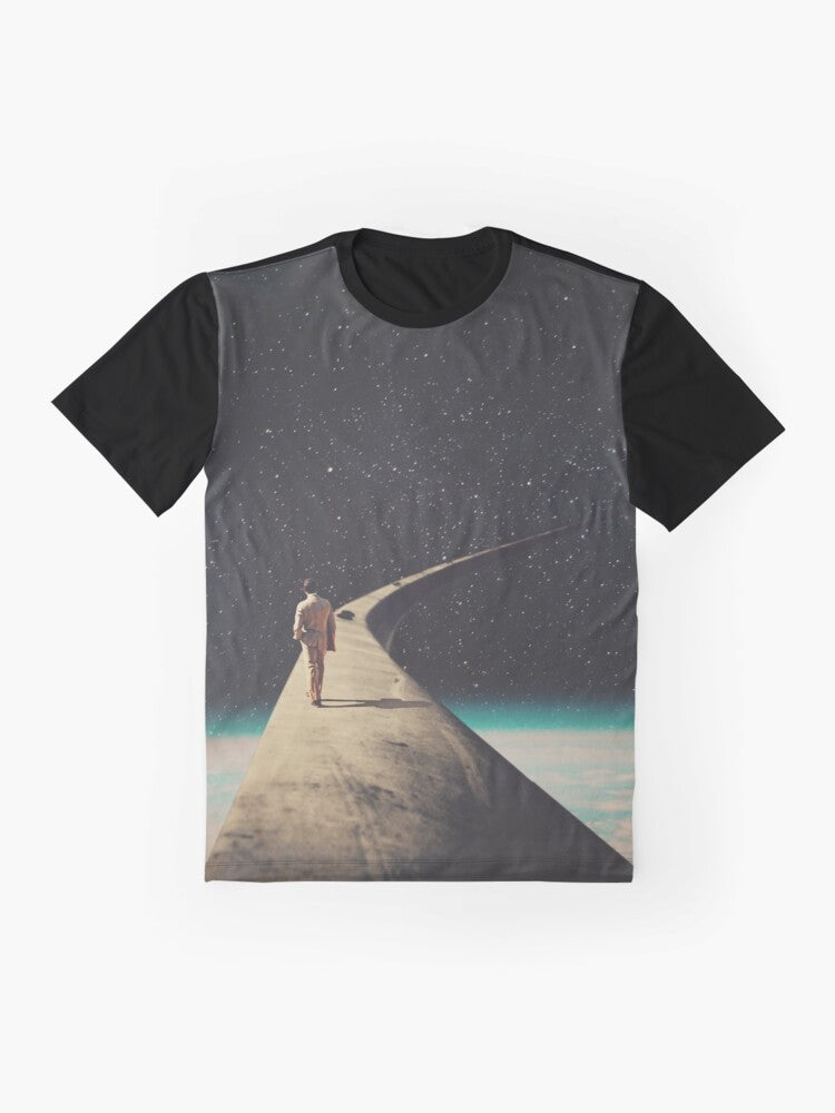 Vintage style graphic t-shirt featuring a surreal landscape with a lone wanderer on the road, symbolizing loneliness and the journey of life. - Flat lay