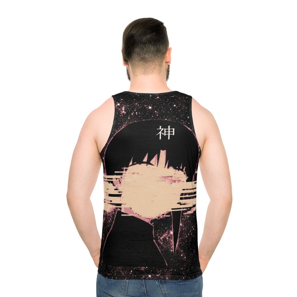 Cosmic unisex tank top with space, glitch and pixel art design - men back