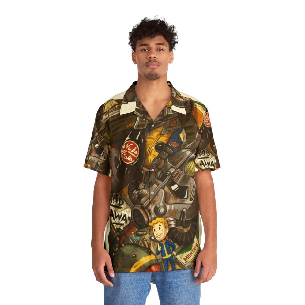 Fallout-inspired Hawaiian shirt with Vault Boy, Nuka Cola, and power armor elements - People Front