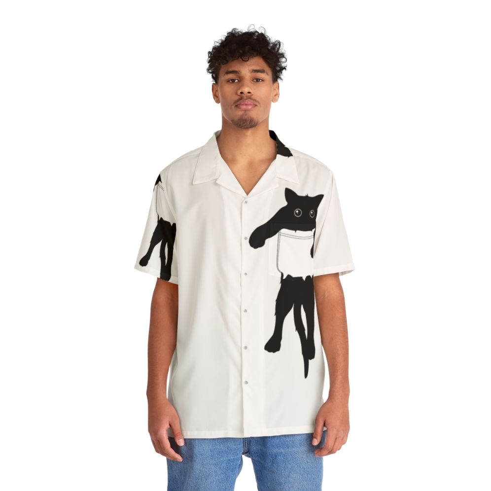 Black cat silhouette graphic on a Hawaiian style shirt - People Front