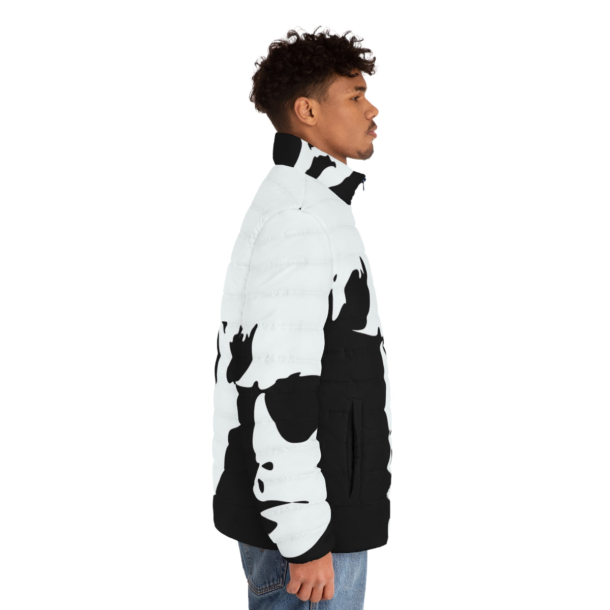 Colorful Warhol-inspired puffer jacket with abstract pop art patterns - men side right