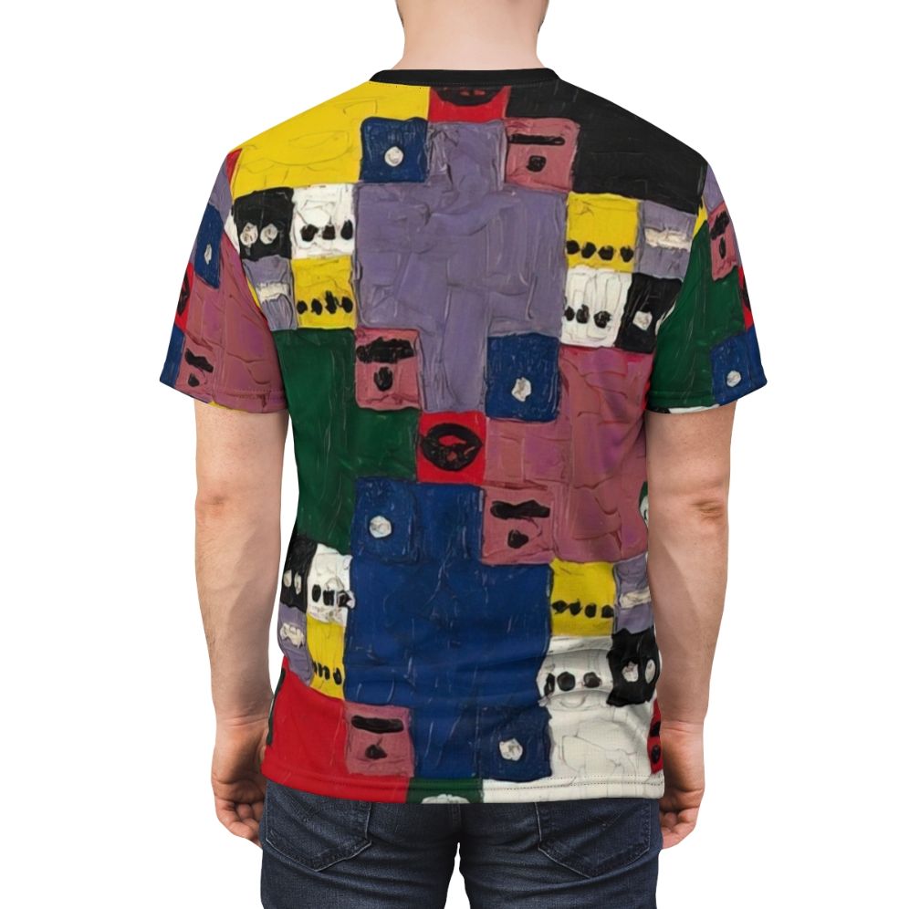 Vibrant abstract art t-shirt featuring colorful geometric patterns and cosmic references inspired by the iconic designs of artist Alfred Jensen - men back