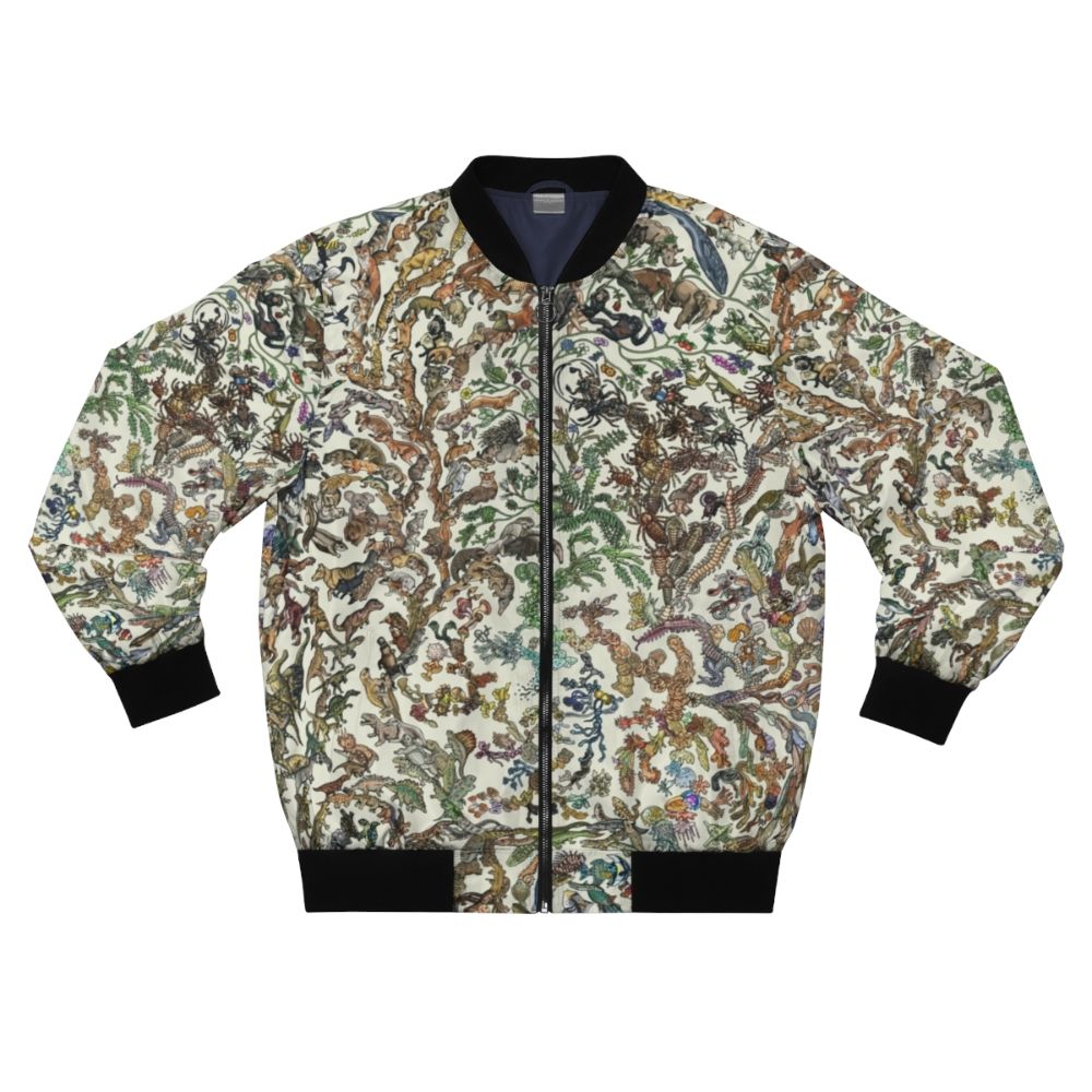 Tree of Life Evolution Bomber Jacket featuring diverse animal life