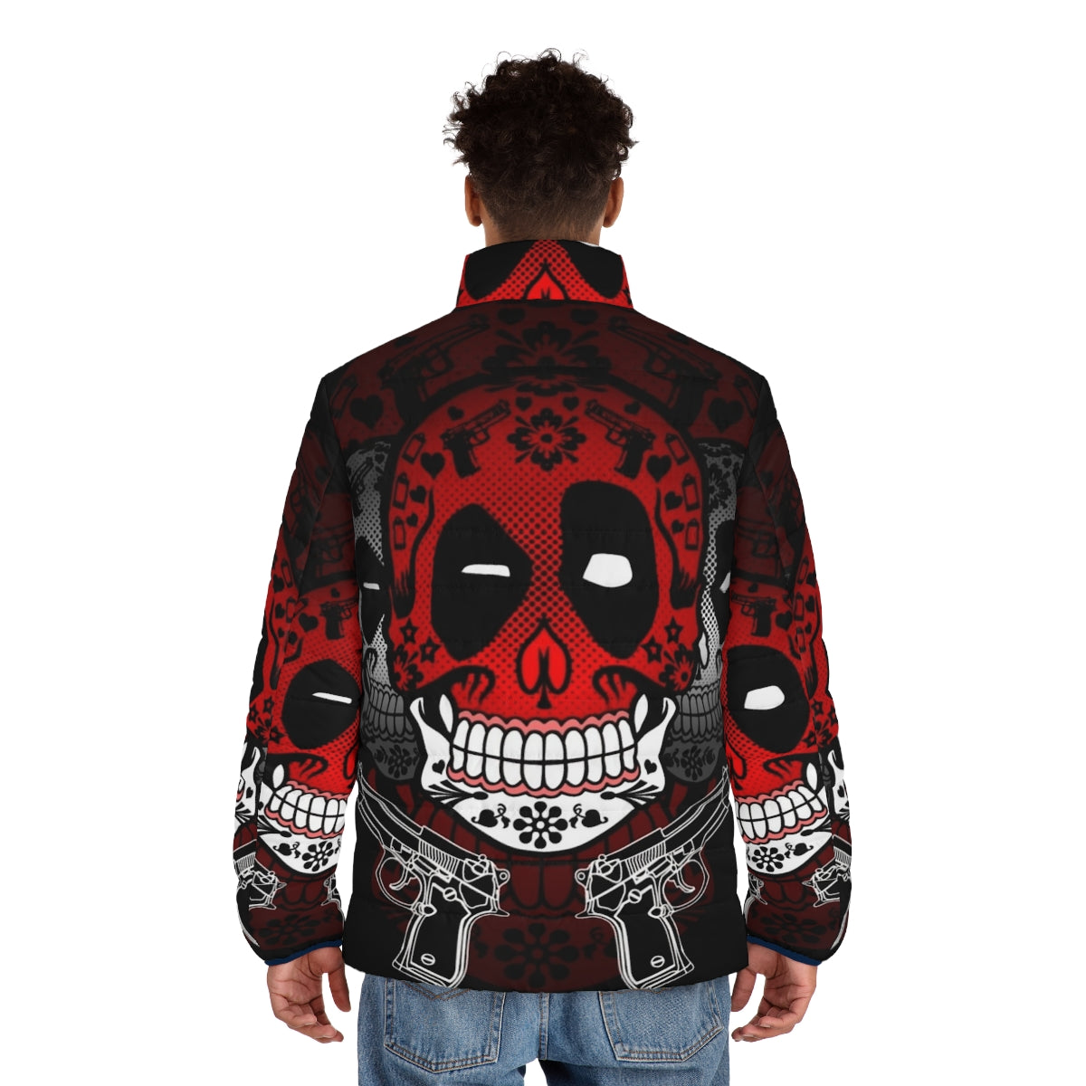 Colorful puffer jacket with day of the dead sugar skull design - men back