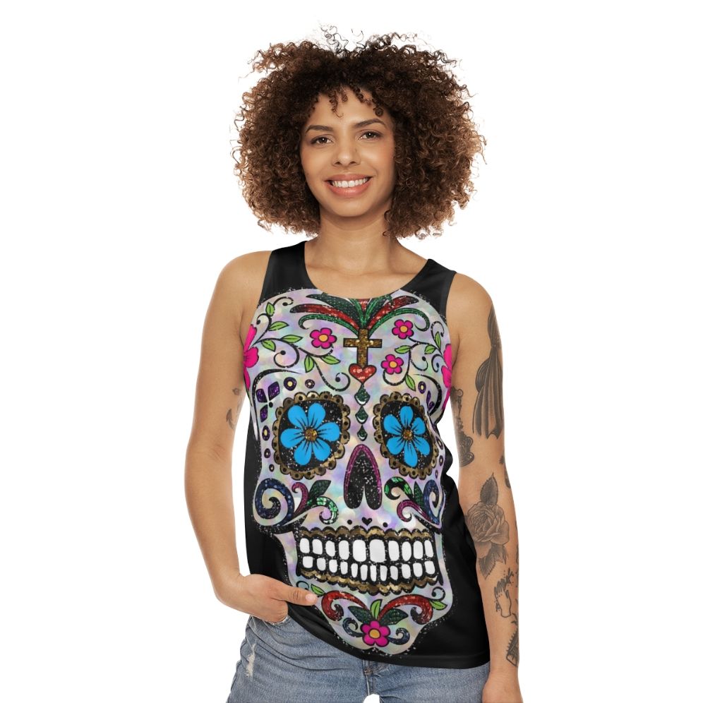 Unisex sugar skull tank top with floral design - women