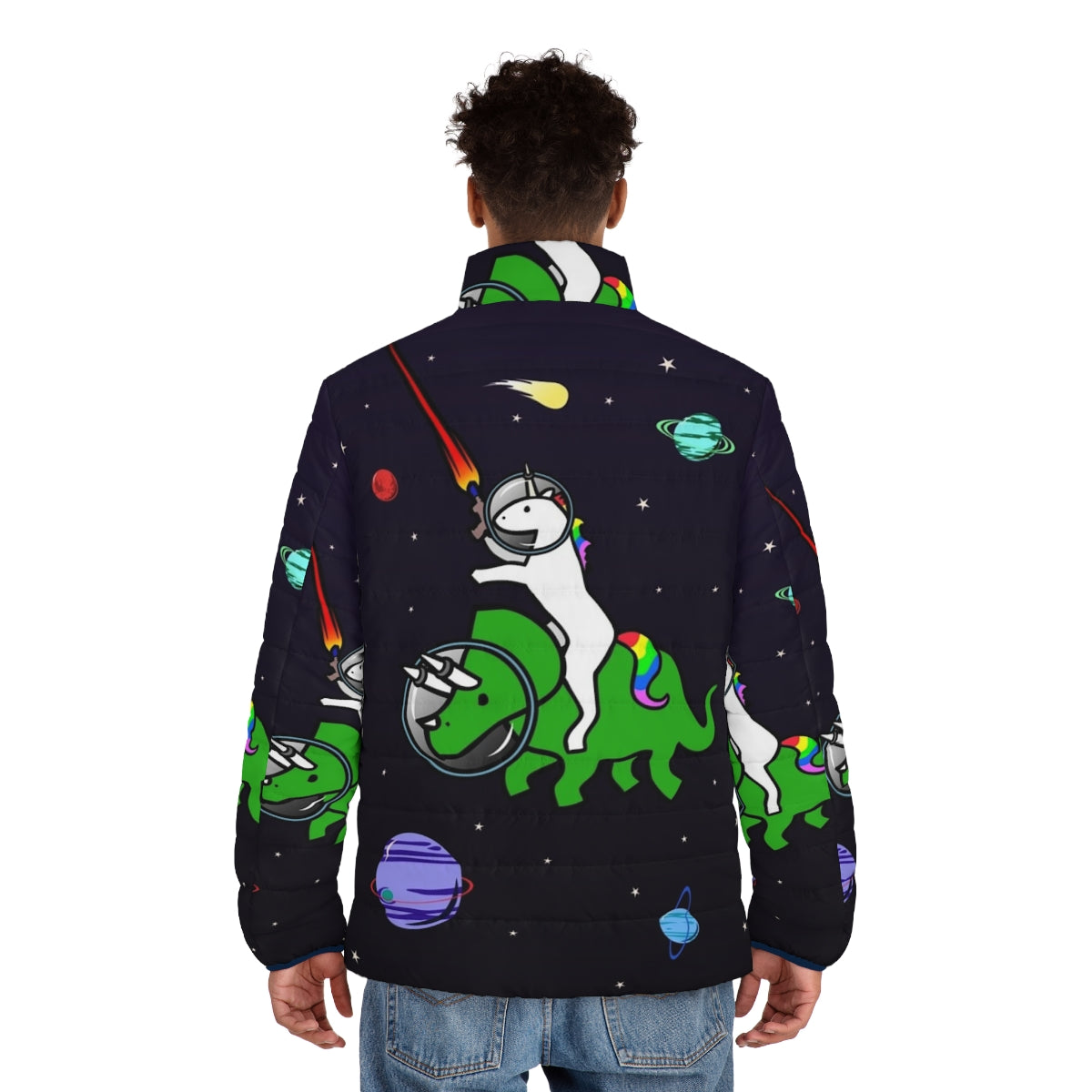 A whimsical puffer jacket featuring a unicorn riding a triceratops in an outer space setting - men back