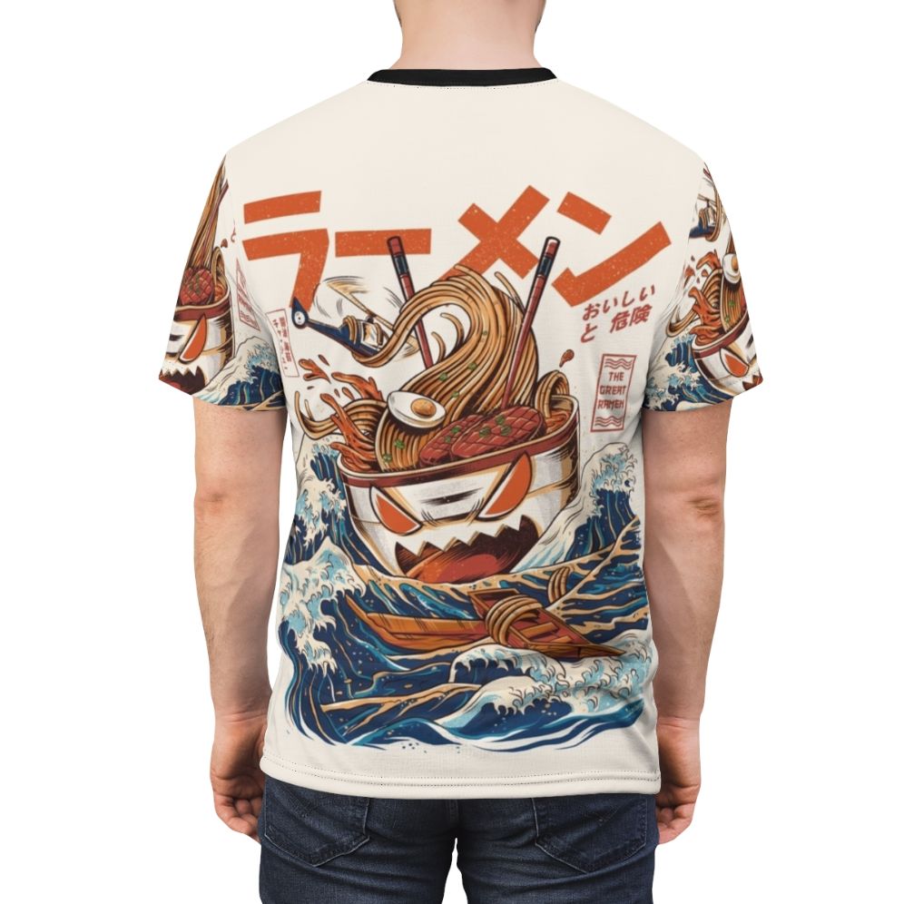 Retro-style t-shirt design featuring an angry monster ramen bowl with Japanese-inspired wave pattern - men back