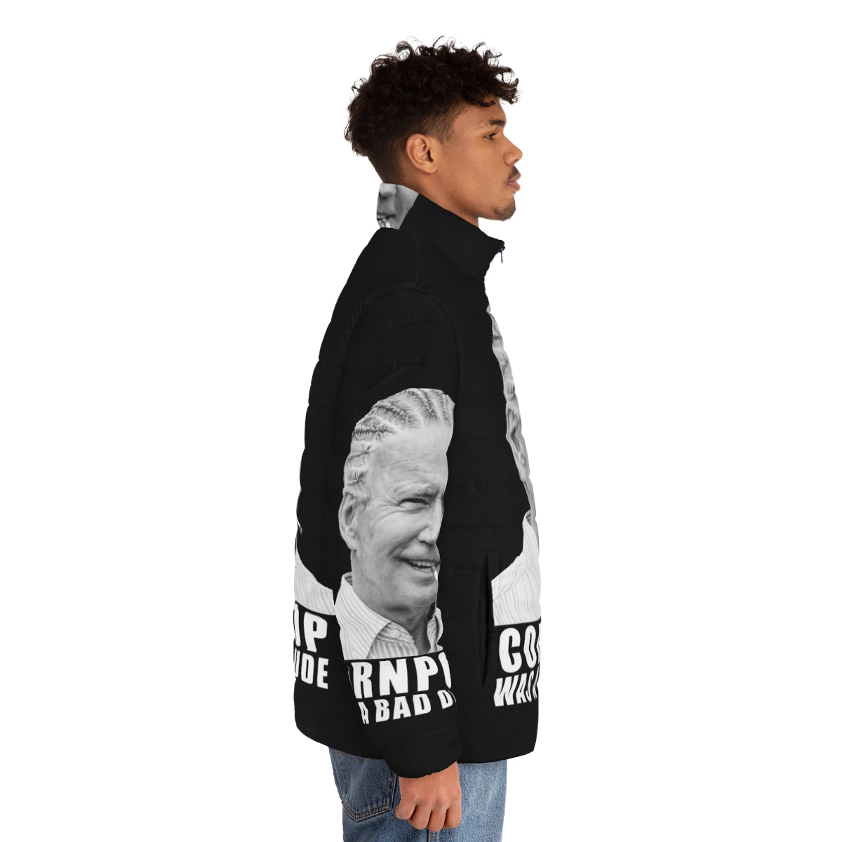 Joe Biden Corn Pop Puffer Jacket featuring hilarious political satire design - men side right