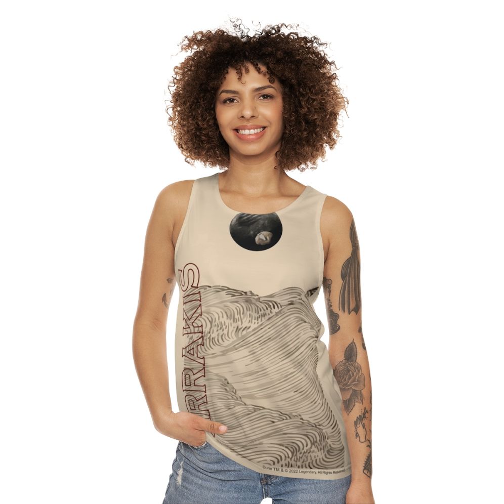 Dune inspired unisex tank top with desert landscape design - women