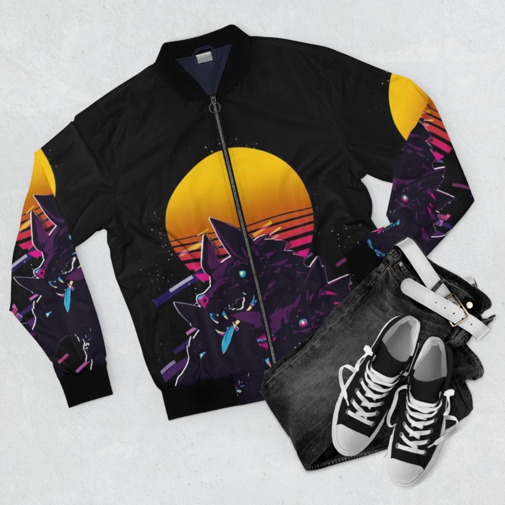 Cerberus Hades 80s Retro Bomber Jacket, featuring the three-headed hound of Hades from Greek mythology - Flat lay