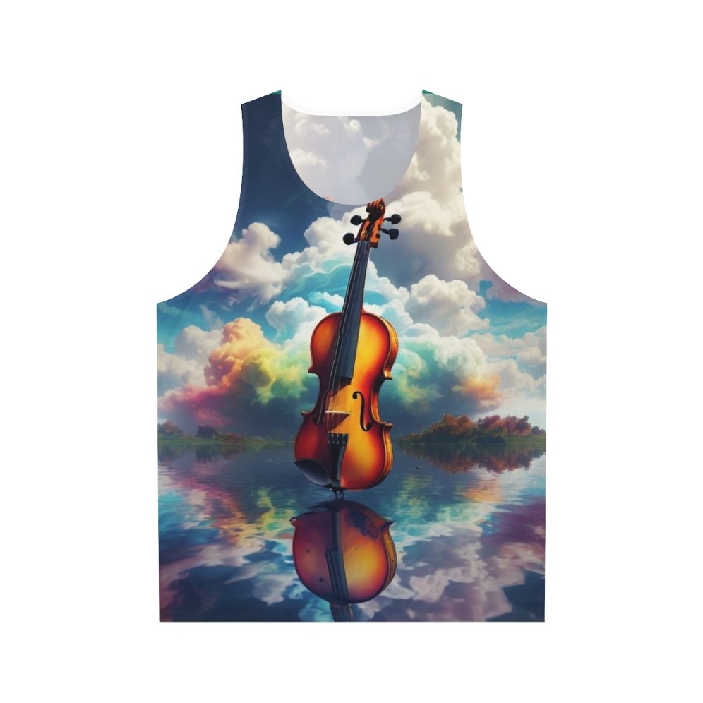 Unisex tank top with nature-inspired artistic landscape and melodic reflection