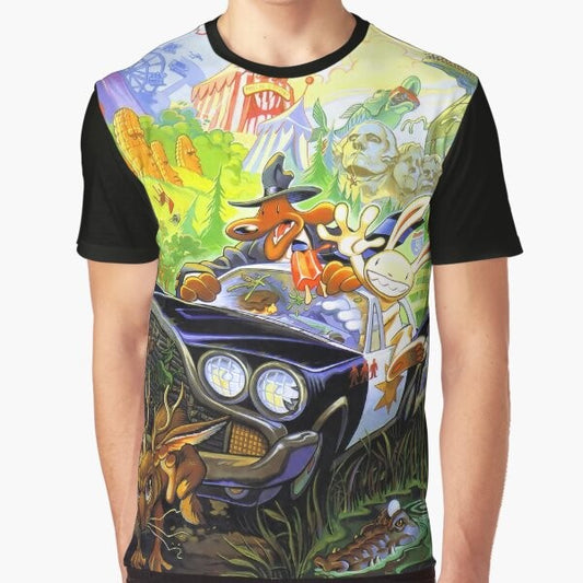 Retro Sam and Max graphic t-shirt with high contrast design, featuring characters from the classic LucasArts adventure game