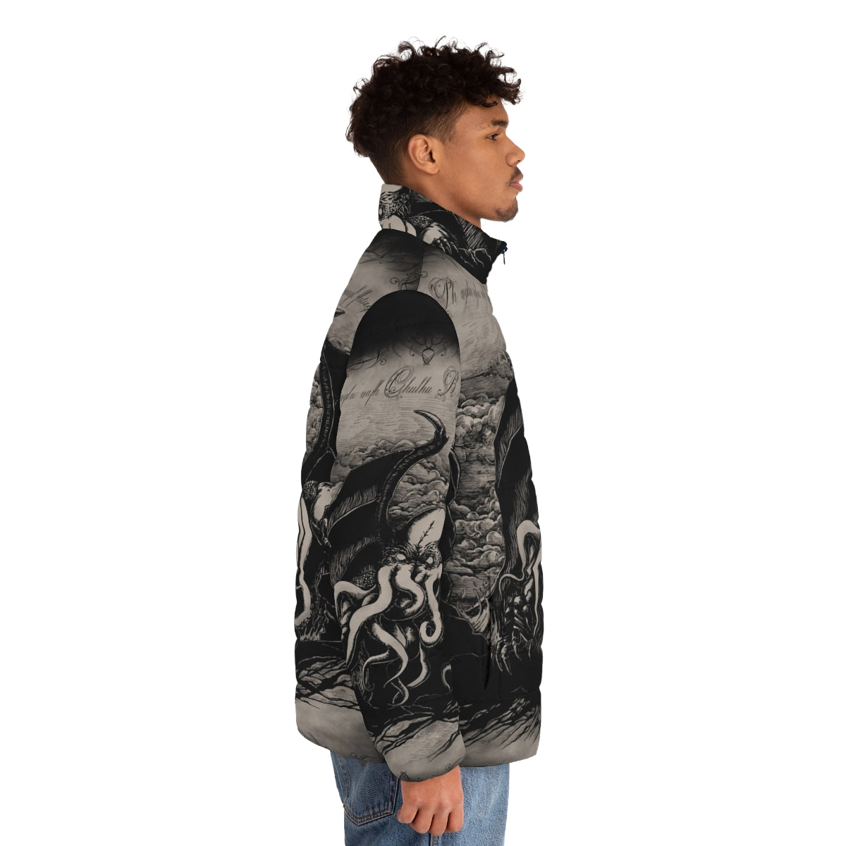 Lovecraft-inspired Cthulhu puffer jacket with vintage-style tentacle monster illustration - men side right