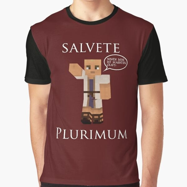 Magister Craft Graphic T-Shirt with Latin Minecraft Design "Salvete Plurimum! Nomen mihi est Magister Craft"