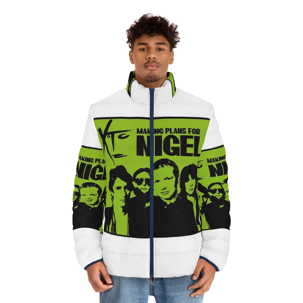 Xtc "Making Plans for Nigel" inspired puffer jacket with retro 70s music and new wave design - men front