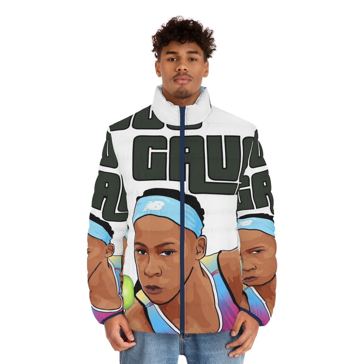 Coco Gauff Puffer Jacket with Clipart Design - men front