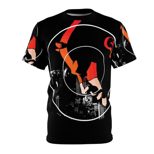 Marvel-inspired graphic t-shirt featuring Daredevil, the blind superhero vigilante from Hell's Kitchen