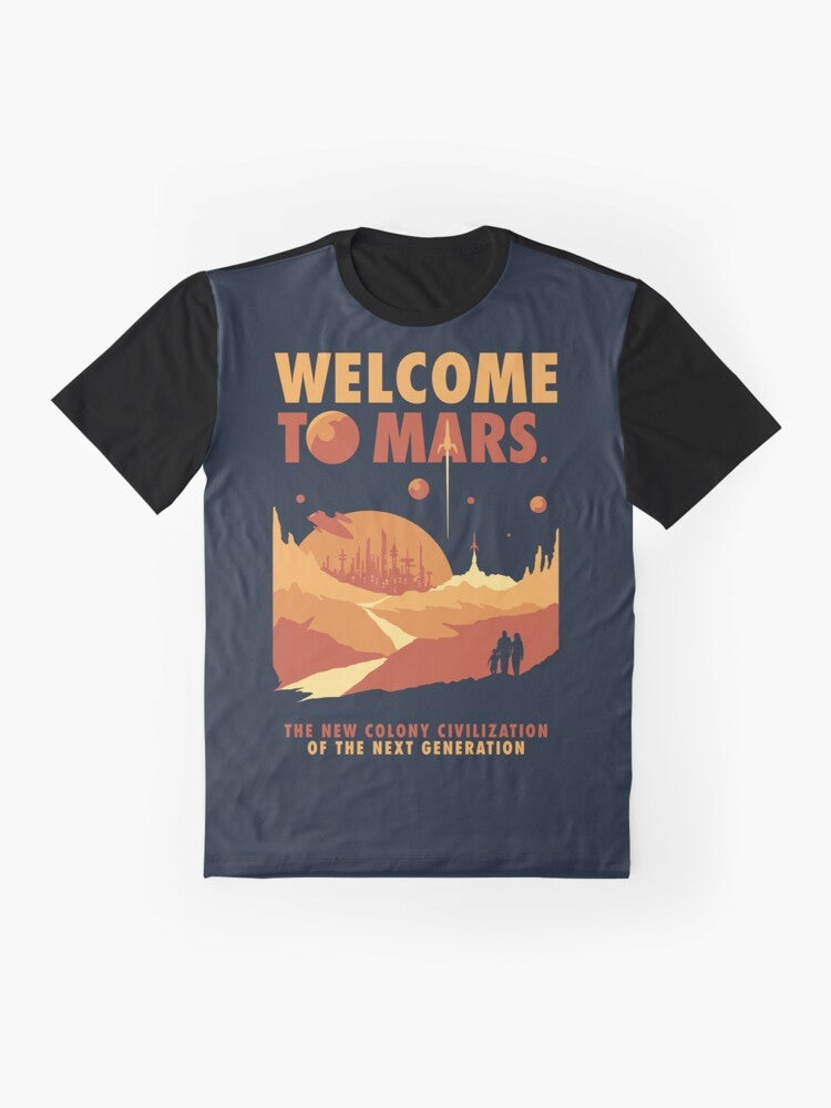 Retro-inspired graphic t-shirt featuring the planet Mars and space imagery - Flat lay