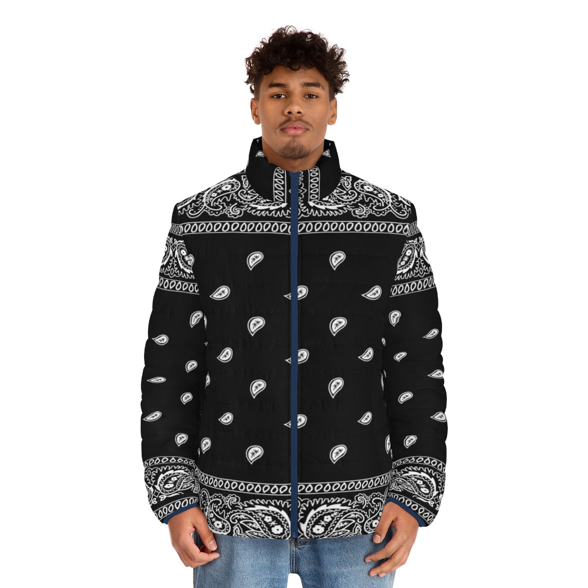 Black puffer jacket with bandana pattern for a urban and rap inspired look - men front